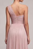 Dusty Rose One Shoulder A Line Pleated Maxi Evening Dress with Slit
