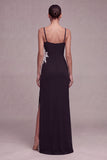 Black Mermaid Spaghetti Straps Long Evening Dress with Slit