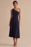 Navy One Shoulder A Line Simple Midi Dress