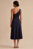 Navy One Shoulder A Line Simple Midi Dress