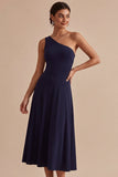 Navy One Shoulder A Line Simple Midi Dress
