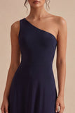 Navy One Shoulder A Line Simple Midi Dress
