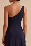 Navy One Shoulder A Line Simple Midi Dress