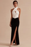 Halter Mermaid Black and White Keyhole Long Evening Dress with Slit