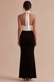 Halter Mermaid Black and White Keyhole Long Evening Dress with Slit