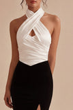 Halter Mermaid Black and White Keyhole Long Evening Dress with Slit