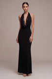 Halter Mermaid Backless Long Black Tie Dress with Lace