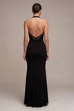 Halter Mermaid Backless Long Black Tie Dress with Lace