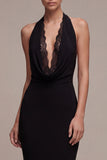 Halter Mermaid Backless Long Black Tie Dress with Lace