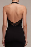 Halter Mermaid Backless Long Black Tie Dress with Lace