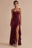 Burgundy Mermaid Spaghetti Straps Long Evening Dress with Ruffle Slit