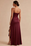 Burgundy Mermaid Spaghetti Straps Long Evening Dress with Ruffle Slit