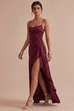 Burgundy Mermaid Spaghetti Straps Long Evening Dress with Ruffle Slit
