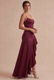 Burgundy Mermaid Spaghetti Straps Long Evening Dress with Ruffle Slit