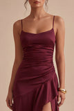 Burgundy Mermaid Spaghetti Straps Long Evening Dress with Ruffle Slit