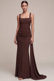 Brown Mermaid Square Neck Long Evening Dress with Cape
