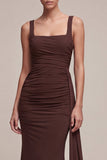 Brown Mermaid Square Neck Long Evening Dress with Cape