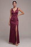Burgundy Mermaid Wide Straps Long Satin Evening Dress with Slit