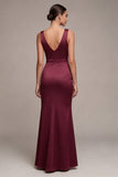 Burgundy Mermaid Wide Straps Long Satin Evening Dress with Slit
