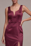 Burgundy Mermaid Wide Straps Long Satin Evening Dress with Slit