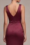 Burgundy Mermaid Wide Straps Long Satin Evening Dress with Slit