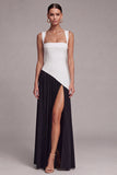 Black and White A Line Colorblock Square Long Neck Evening Dress with Slit
