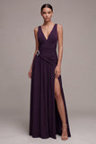 Plum A Line V Neck Ruched Long Evening Dress with Slit