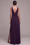 Plum A Line V Neck Ruched Long Evening Dress with Slit