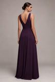 Plum A Line V Neck Ruched Long Evening Dress with Slit