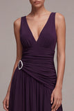 Plum A Line V Neck Ruched Long Evening Dress with Slit