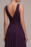 Plum A Line V Neck Ruched Long Evening Dress with Slit