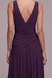 Plum A Line V Neck Ruched Long Evening Dress with Slit