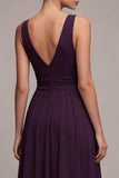 Plum A Line V Neck Ruched Long Evening Dress with Slit