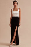Mermaid Black and White Colorblock Square Neck Evening Dress with Slit