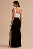 Mermaid Black and White Colorblock Square Neck Evening Dress with Slit