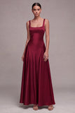 A Line Plum Square Neck Long Satin Evening Dress