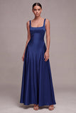 A Line Plum Square Neck Long Satin Evening Dress