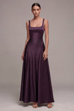 A Line Plum Square Neck Long Satin Evening Dress