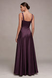 A Line Plum Square Neck Long Satin Evening Dress