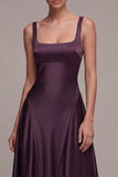 A Line Plum Square Neck Long Satin Evening Dress