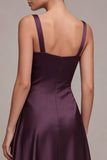 A Line Plum Square Neck Long Satin Evening Dress