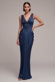 Navy Mermaid Corset Ruched V-Neck Long Evening Dress with Lace
