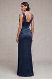 Navy Mermaid Corset Ruched V-Neck Long Evening Dress with Lace