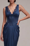 Navy Mermaid Corset Ruched V-Neck Long Evening Dress with Lace