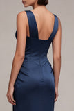 Navy Mermaid Corset Ruched V-Neck Long Evening Dress with Lace