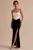 Mermaid Black and White Spaghetti Straps Evening Dress with Slit