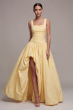 Daffodil A Line Square Neck Ruched Long Evening Dress with Slit