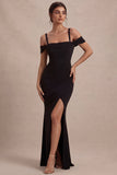 Black Cold Shoulder Mermaid Long Evening Dress with Slit