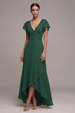 Dark Green  A Line V-Neck High Low Evening Dress