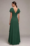 Dark Green  A Line V-Neck High Low Evening Dress